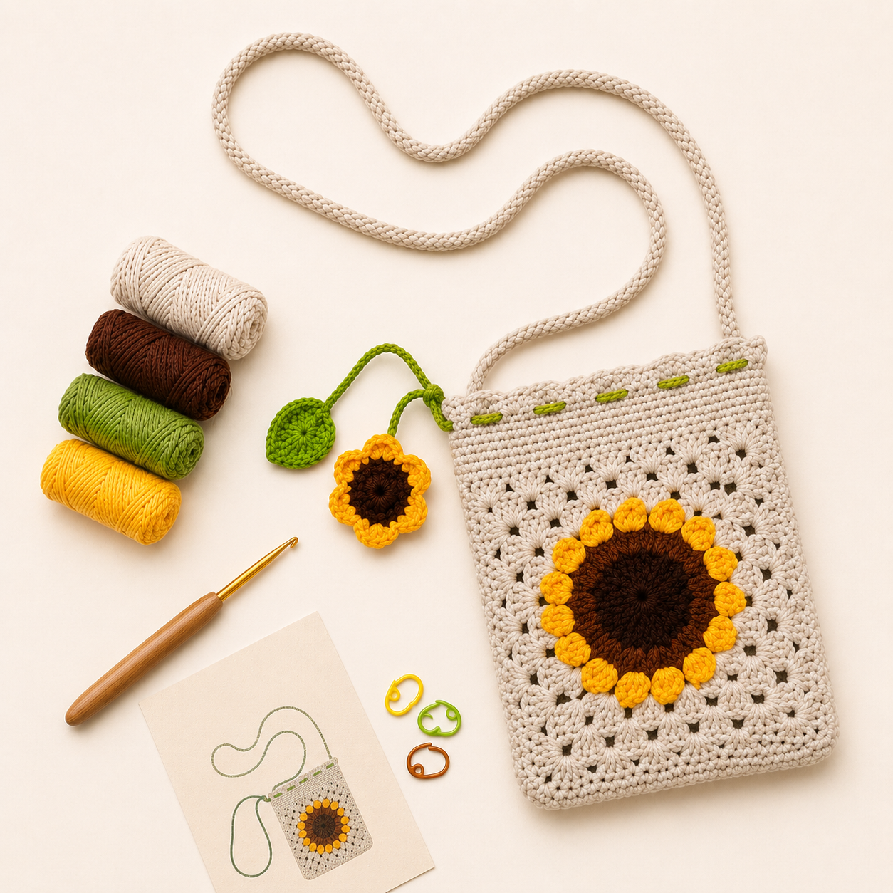 Sunflower Phone Bag Crochet Kit preview with yarn and tools
